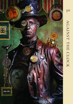 Steampunk-themed cover with a person wearing a hat and jacket, surrounded by clocks and gears, with 'Against the Clock' text.