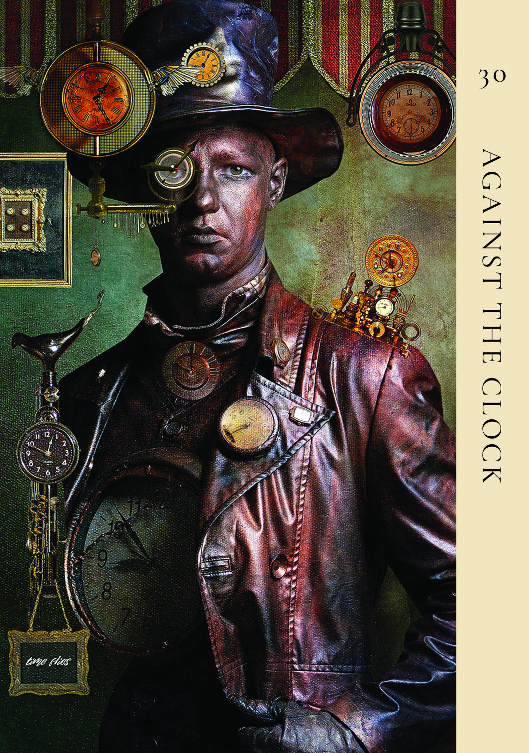 Steampunk-themed cover with a person wearing a hat and jacket, surrounded by clocks and gears, with 'Against the Clock' text.