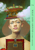 Woman wearing a decorative hat with a carousel design, surrounded by smoke and a green background.