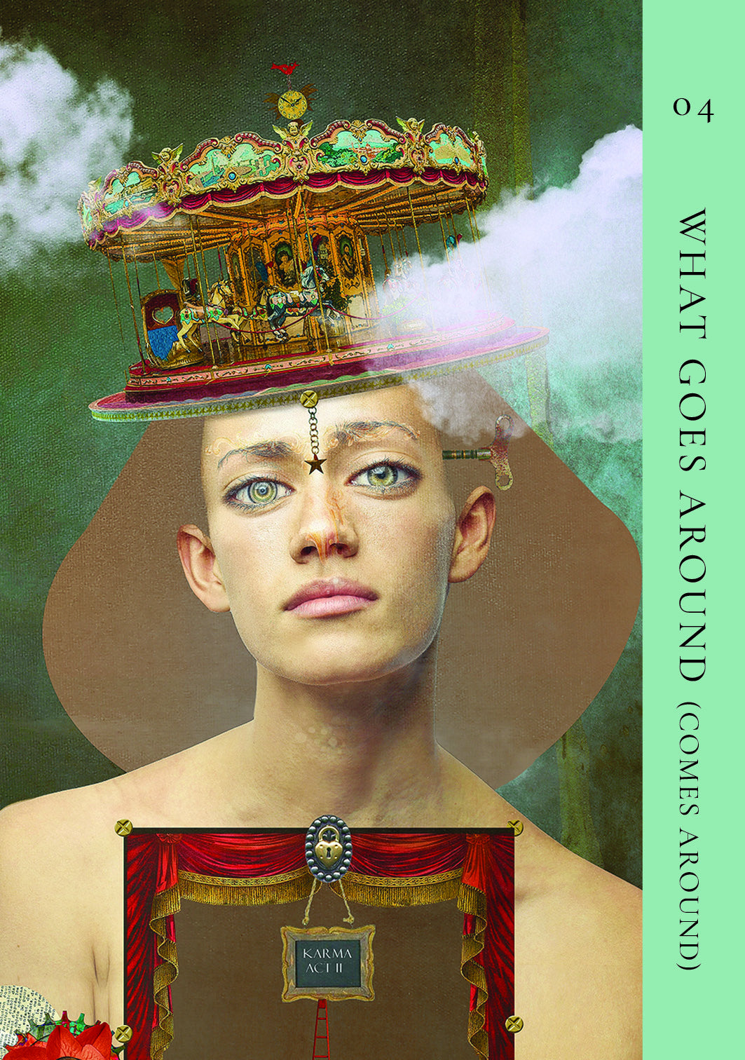 Woman wearing a decorative hat with a carousel design, surrounded by smoke and a green background.