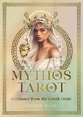 Book cover of 'Mythos Tarot: Guidance from the Greek Gods' featuring a woman with a crown and floral design.