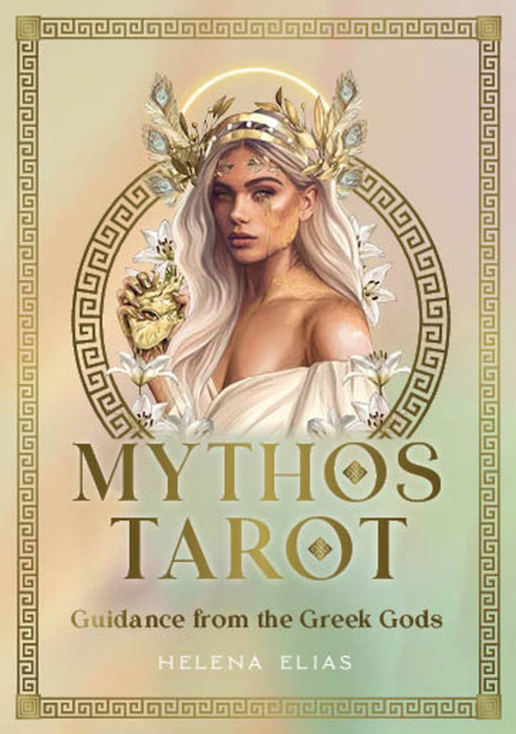 Book cover of 'Mythos Tarot: Guidance from the Greek Gods' featuring a woman with a crown and floral design.
