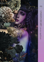 Artistic illustration of a woman with flowers and text on a dark background