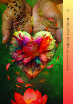 Colorful heart-shaped flower arrangement in hands with a green background and 'Resilient Heart' text.