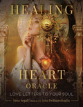 Book cover of 'Healing Heart Oracle' with a woman's face and decorative elements.
