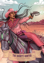 Illustration of a woman in a pink cowboy outfit on a horse with a gun, set against a desert landscape.