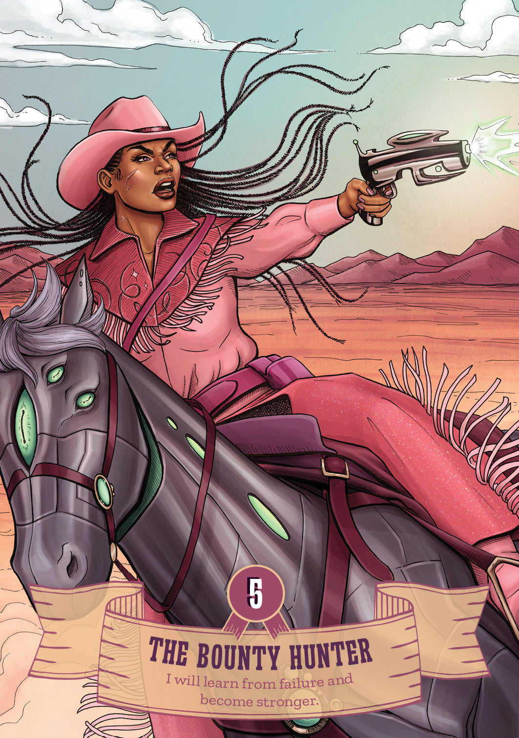 Illustration of a woman in a pink cowboy outfit on a horse with a gun, set against a desert landscape.