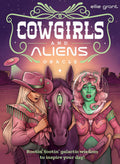 Book cover of 'Cowgirls and Aliens Oracle' with two characters and a horse on a purple background.