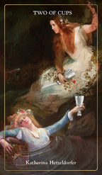 Tarot card titled 'Two of Cups' by Katherina Hetzdorfer featuring two women in classical attire.
