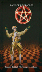 Tarot card titled 'Page of Pentacles' with a person in gold clothing and a glowing pentacle symbol.