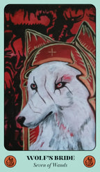 Card featuring a wolf with a red headdress against a dark background, labeled 'Wolf's Bride: Seven of Wands'.