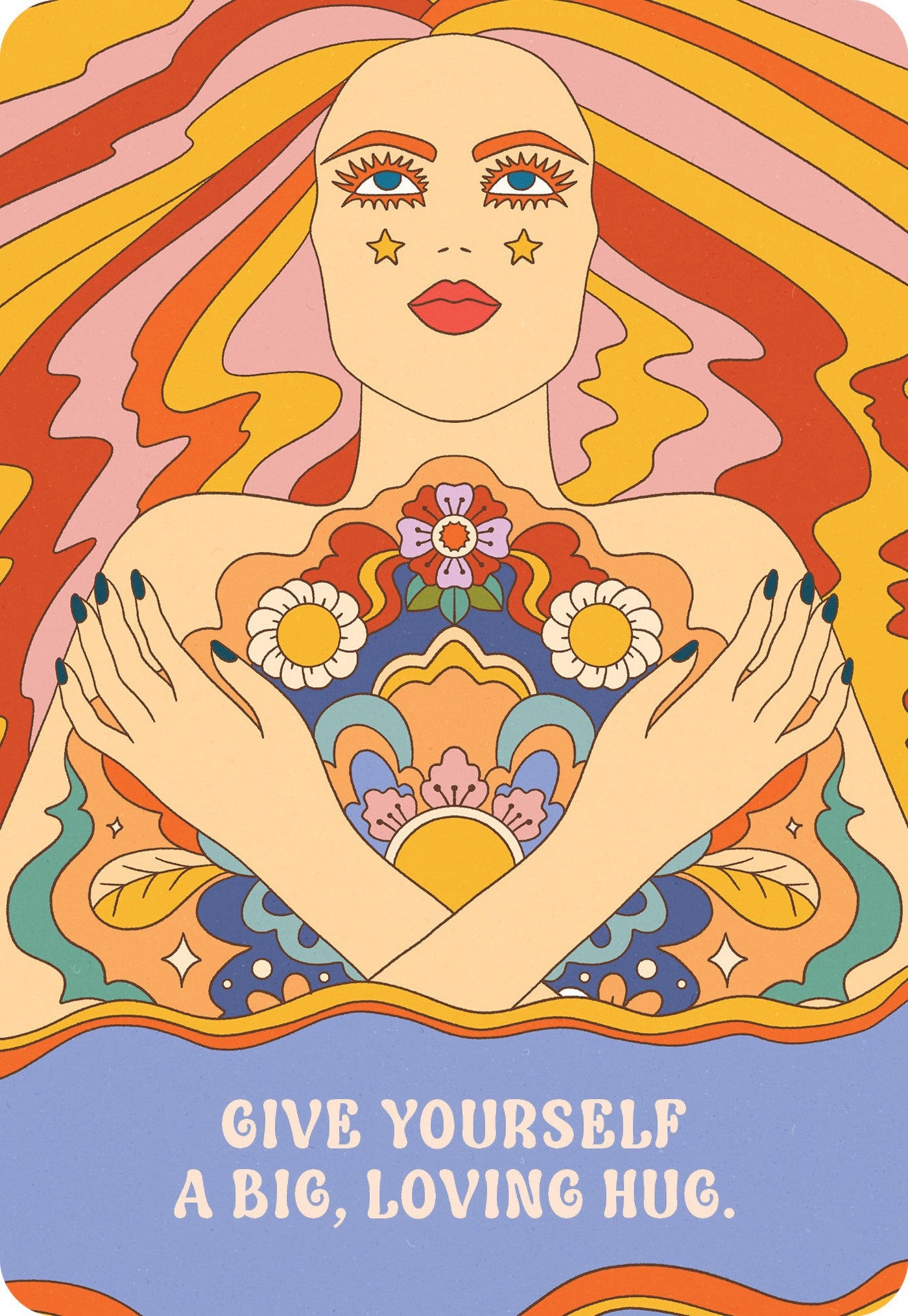 Colorful illustration of a woman with hands on her chest, surrounded by abstract patterns and text 'Give Yourself a Big, Loving Hug'.