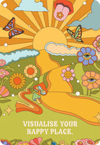 Colorful illustration with flowers, butterflies, and a sun with text 'Visualise your happy place'.