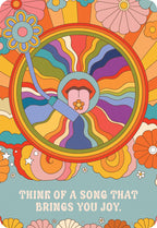 Colorful design with a central figure and floral elements, featuring text 'Think of a song that brings you joy.'