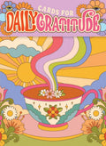 Cover of 'Cards for Daily Gratitude' with a colorful design featuring a steaming cup of tea, flowers, and abstract shapes.