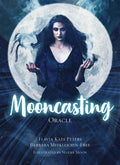 Book cover of 'Mooncasting Oracle' with a woman holding birds against a moonlit background.