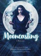 Book cover of 'Mooncasting Oracle' with a woman holding birds against a moonlit background.