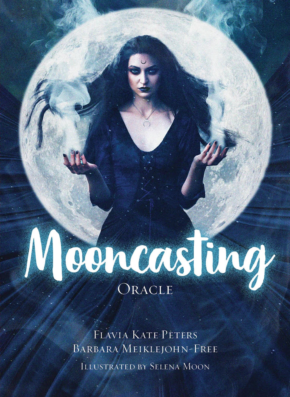 Book cover of 'Mooncasting Oracle' with a woman holding birds against a moonlit background.