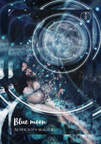 Tarot card with astrological symbols and a person under a blue moon, labeled 'Blue moon Auspicious Magick'.