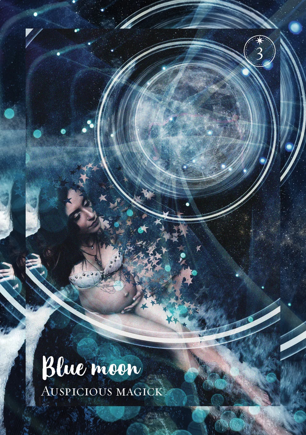 Tarot card with astrological symbols and a person under a blue moon, labeled 'Blue moon Auspicious Magick'.
