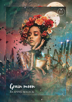 Woman with floral crown against a mystical background with moons and stars, featuring the text 'Grain moon Reaping Magick' and 'IO'.
