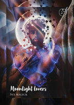 A dark, mystical art print or card cover titled 'Moonlight lovers' with 'SEX MAGICK' below. The artwork shows a bearded man in a cosmic, glowing scene with a large moon, floating black shapes, and blue-purple light effects.