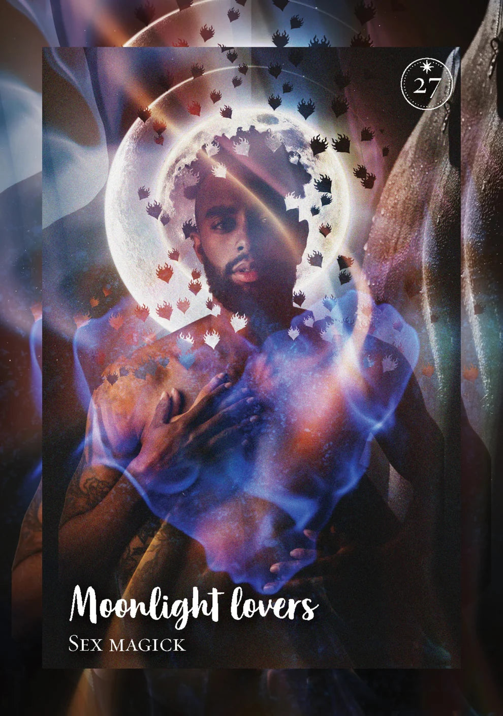 A dark, mystical art print or card cover titled 'Moonlight lovers' with 'SEX MAGICK' below. The artwork shows a bearded man in a cosmic, glowing scene with a large moon, floating black shapes, and blue-purple light effects.