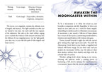 Magical-themed book or guide with celestial symbols and text on moon phases and mooncasting.