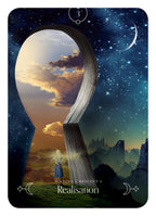 Card with a stylized landscape, book, and celestial elements on a dark blue background.