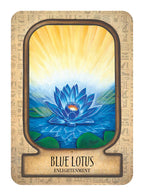 Card with a blue lotus flower and 'Blue Lotus Enlightenment' text on a beige border