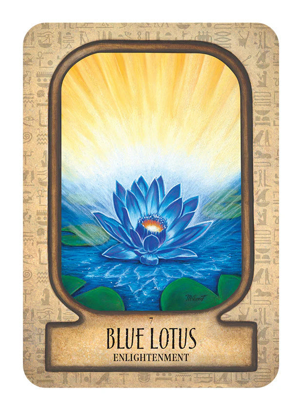 Card with a blue lotus flower and 'Blue Lotus Enlightenment' text on a beige border