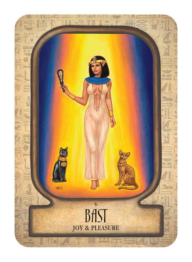 Card featuring an Egyptian goddess with two cats against a colorful background