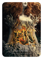 Artistic depiction of a woman with red hair and a glowing figure, with 'Avenoir' branding.