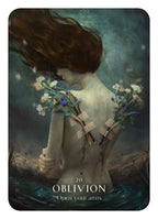 Artistic depiction of a woman with flowers and bandages, with text '20 Oblivion Open your arms' on a dark background.