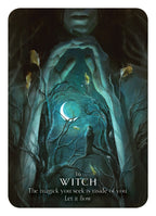 Tarot card featuring a witch in a forest with a moonlit sky and text 'The magick you seek is inside of you. Let it flow'.