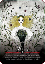 Illustration of a witch holding flowers with nature elements on a dark background
