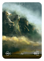 Card with horses running through a misty landscape, labeled 'Motion' and 'Air'.