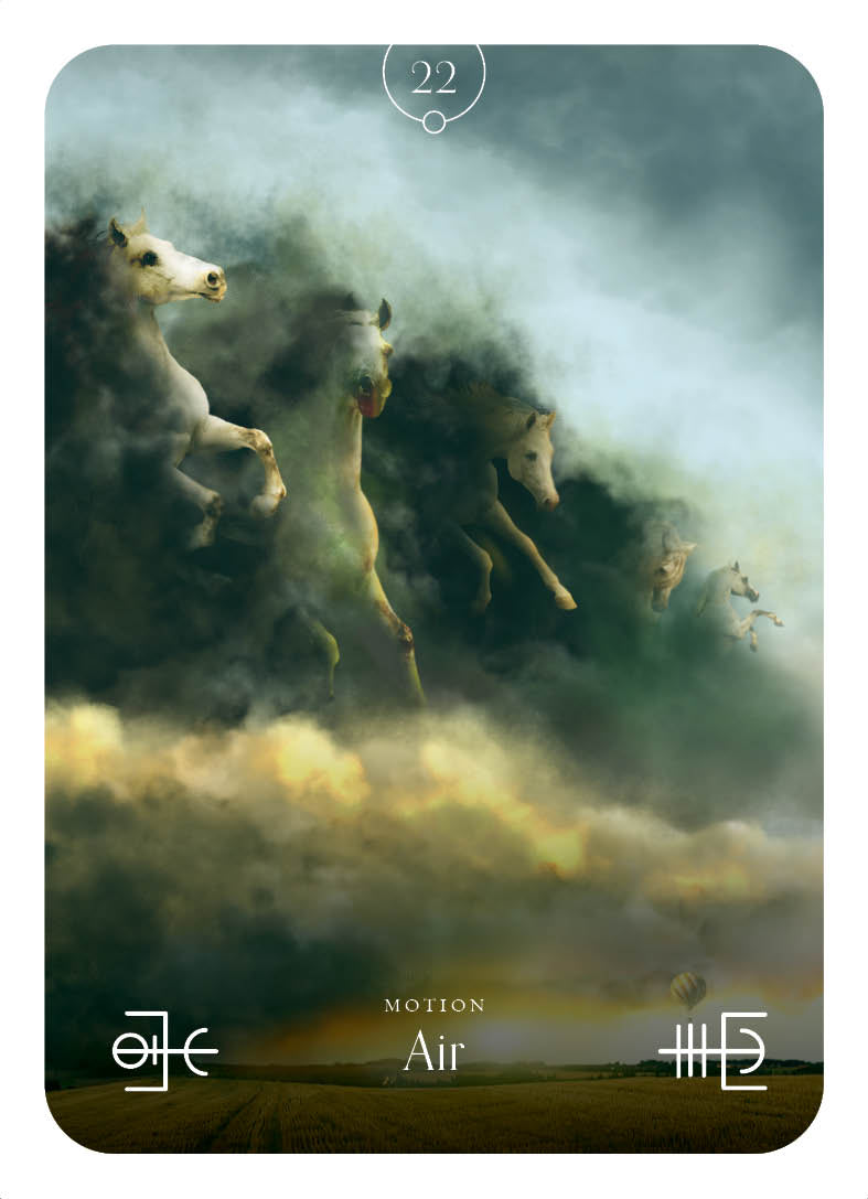 Card with horses running through a misty landscape, labeled 'Motion' and 'Air'.