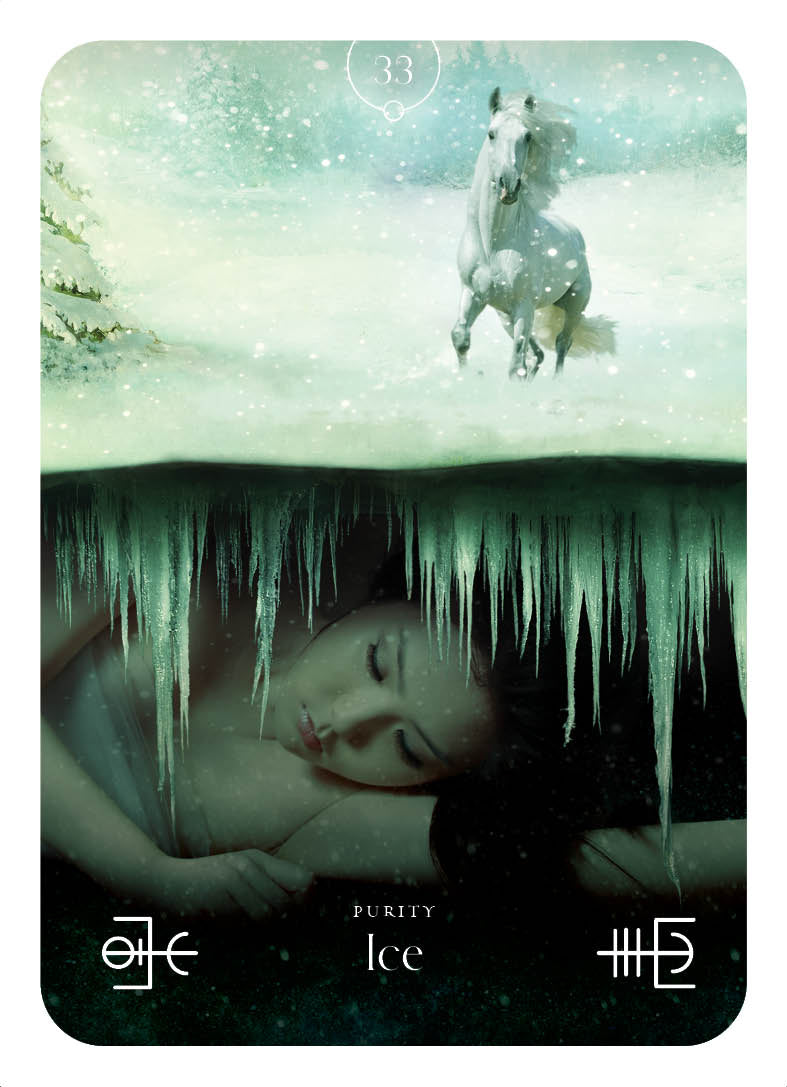 Card with a horse and person under ice, symbolizing purity and ice.