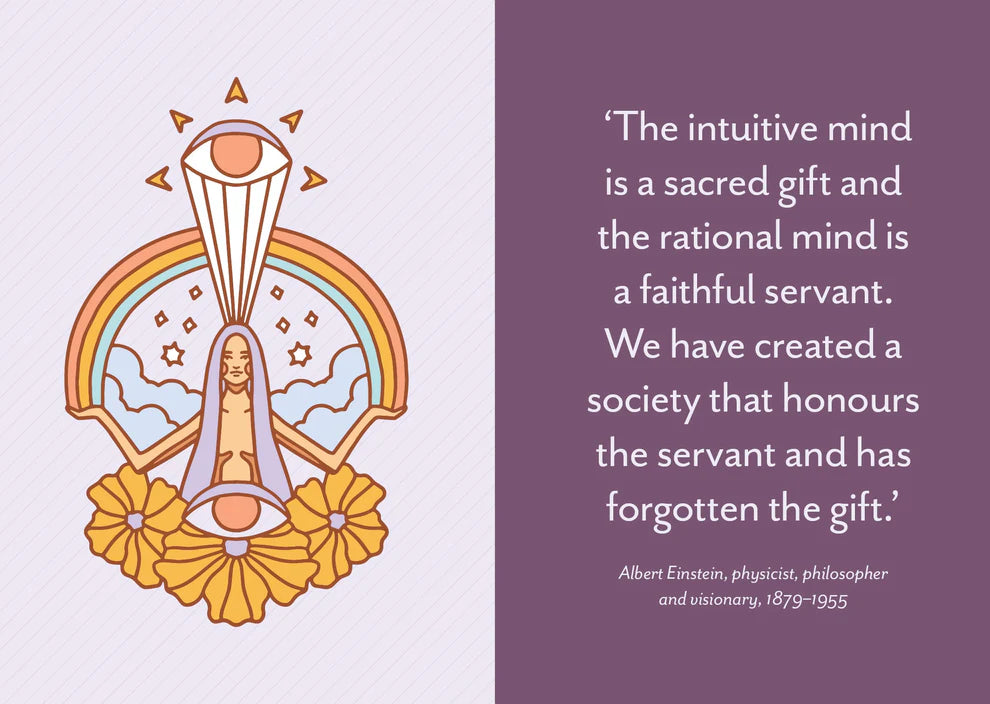 Illustration of a woman with a rainbow above her, surrounded by flowers, on a light purple background with a quote by Albert Einstein.
