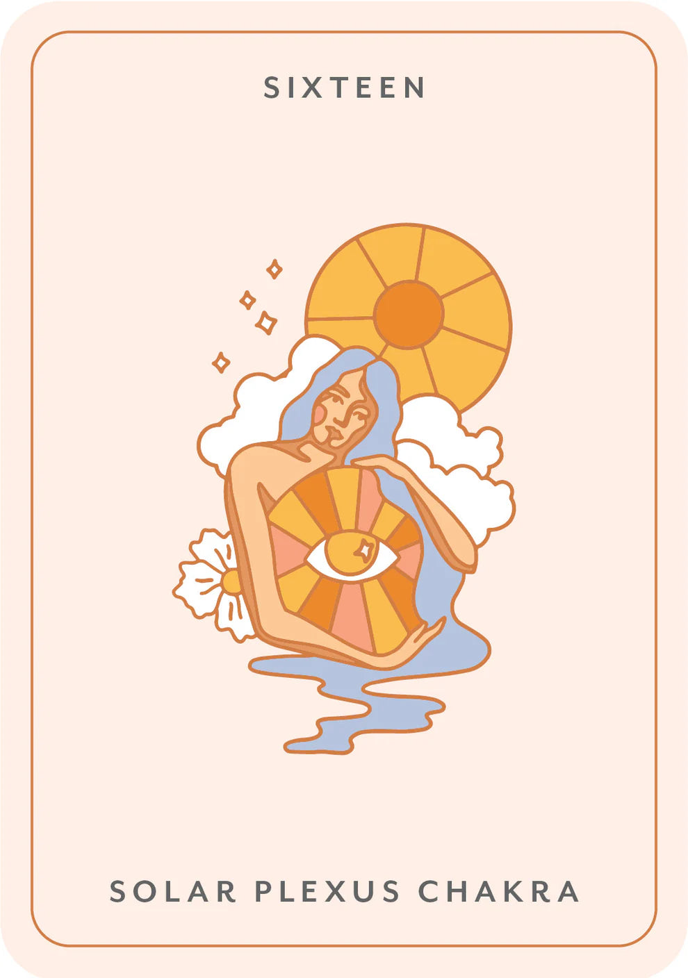 Illustration of a person with a solar plexus chakra design on a card labeled 'Sixteen'.