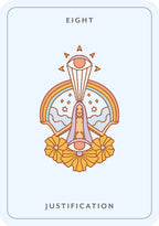 Tarot card titled 'Eight Justification' with a central design and text on a light blue background