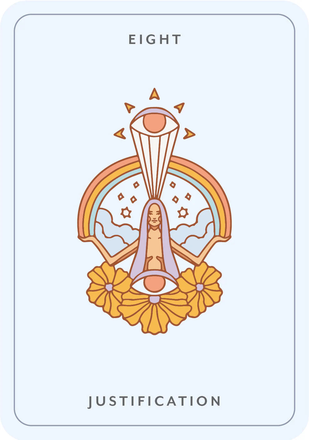 Tarot card titled 'Eight Justification' with a central design and text on a light blue background