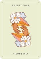 Tarot card with hands and flowers on a light green background