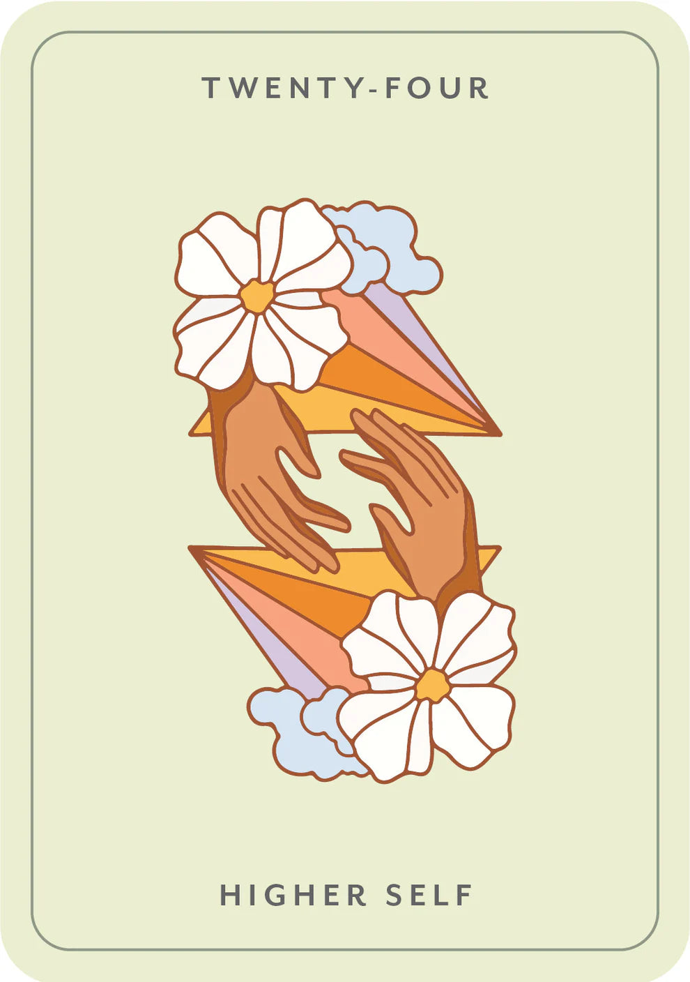 Tarot card with hands and flowers on a light green background