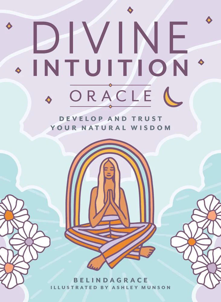 Book cover of 'Divine Intuition Oracle' with a woman in a meditative pose and floral elements.
