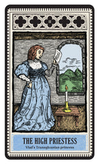 Card featuring 'The High Priestess' from a tarot deck with a woman in a blue dress holding a card.