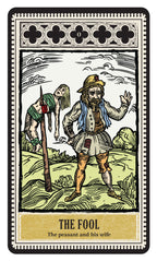 Tarot card featuring 'The Fool' with a peasant and his wife in a stylized landscape.