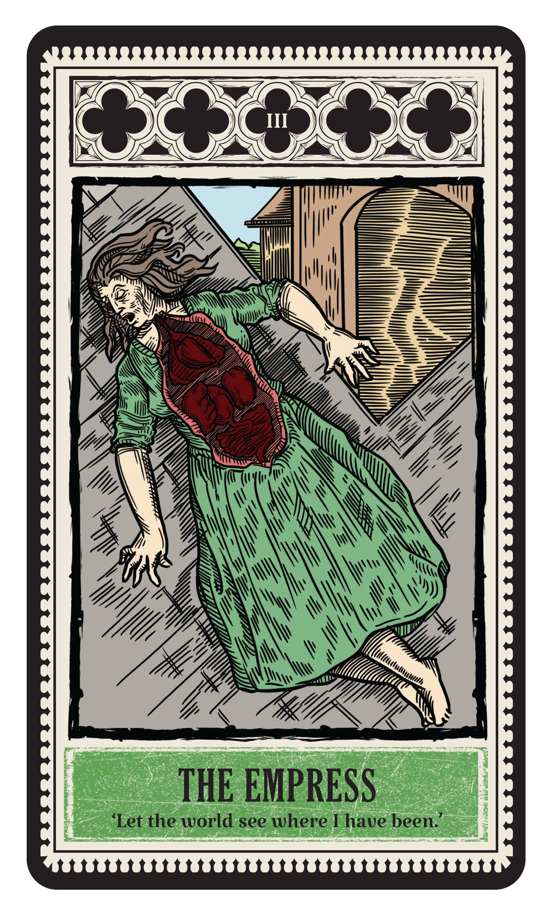 Tarot card featuring 'The Empress' with a woman in a green dress and red shawl, standing under a lightning bolt.