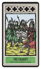 Tarot card titled 'The Chariot' with a warrior on a horse and soldiers behind him.